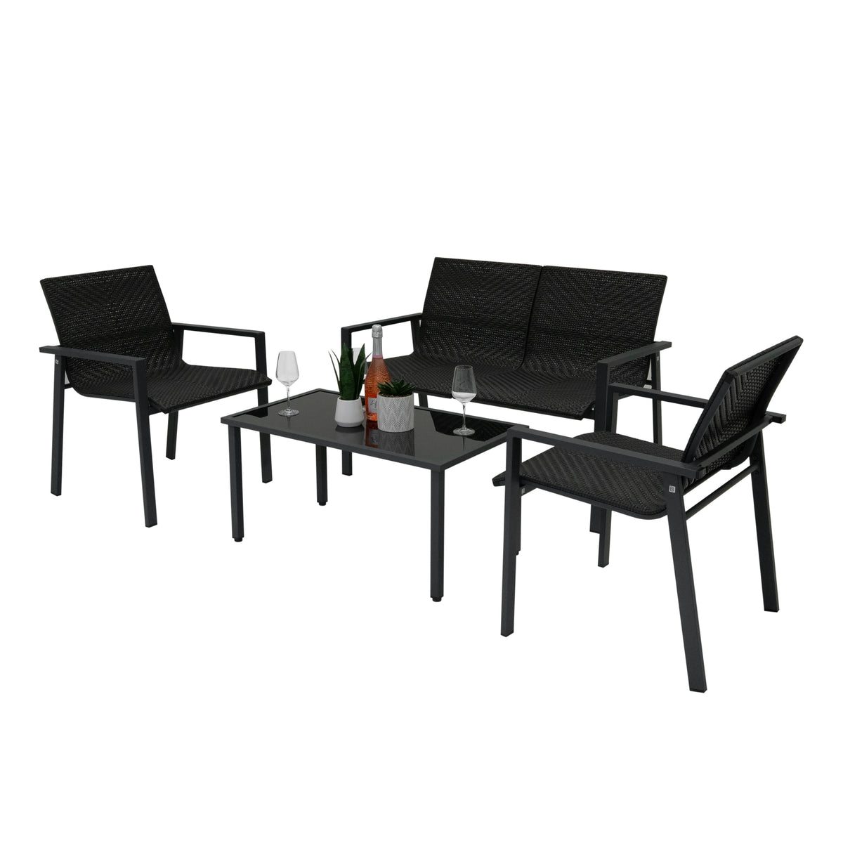 Schwarzes Rattan Terrassenmöbel Set mit zwei Stühlen, einer Bank und einem Tisch, ideal für entspannte Außenbereiche, modernes Design und wetterfest