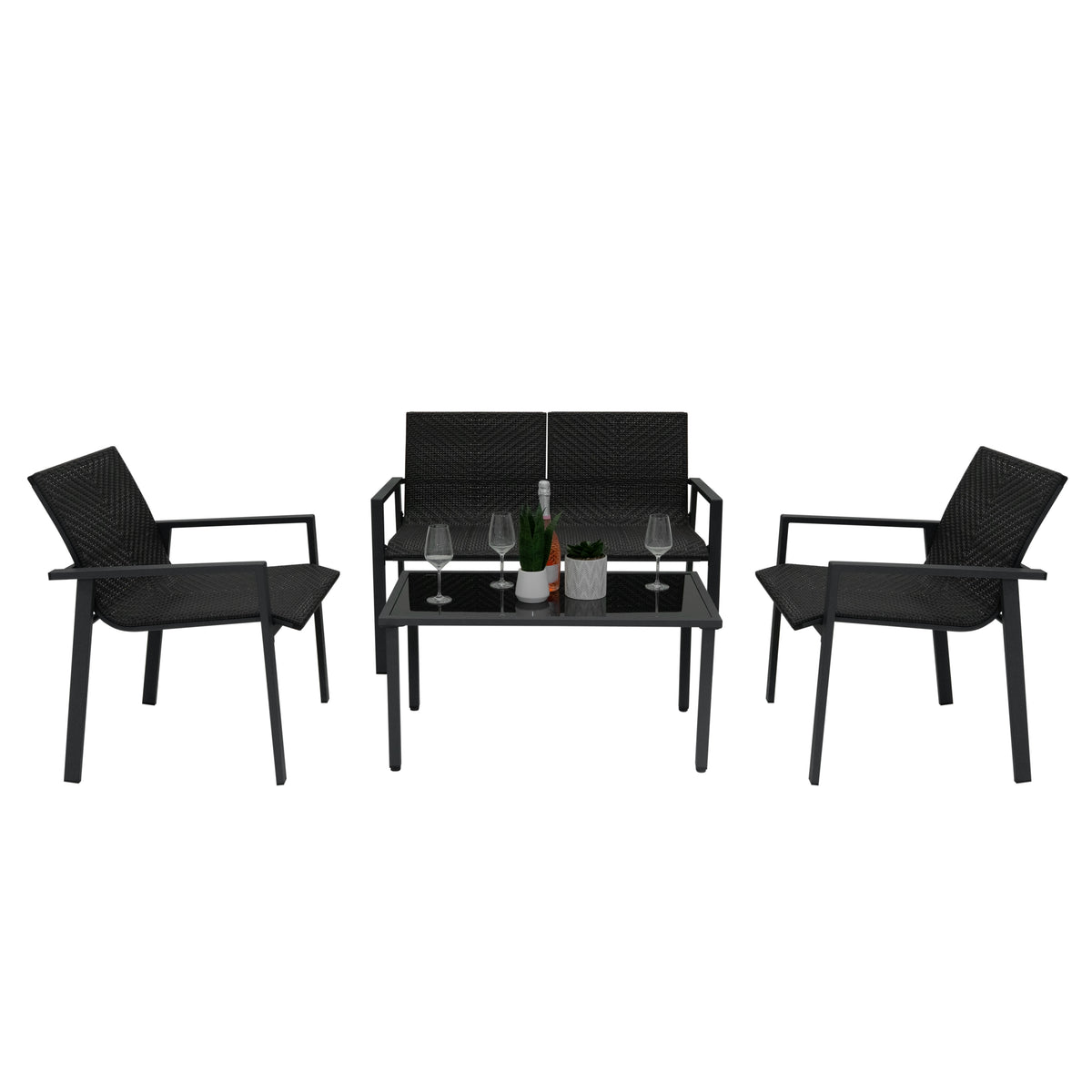 Schwarzes Rattan Terrassenmöbel Set mit zwei Stühlen und einem Tisch, ausgestattet mit Glasplatte und dekorativen Elementen wie Gläsern und einer Flasche Sekt