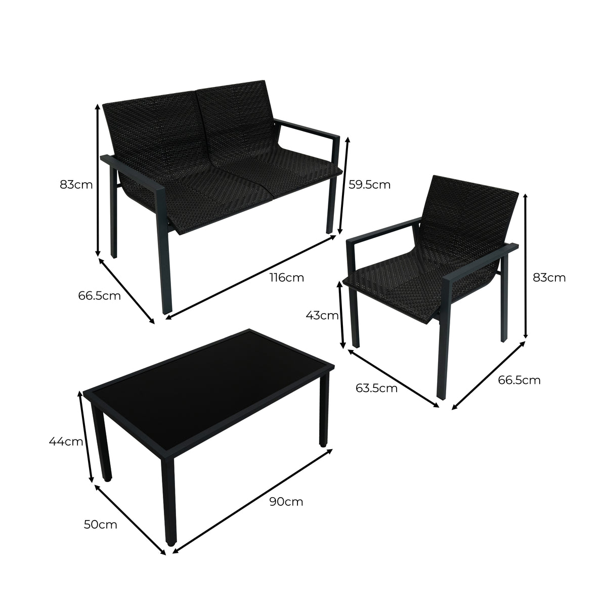 Schwarzes Rattan Terrassenmöbel Set mit einem zweisitzigen Sofa, einem Sessel und einem Tisch, alle mit elegantem, modernem Design und robustem Aluminiumrahmen