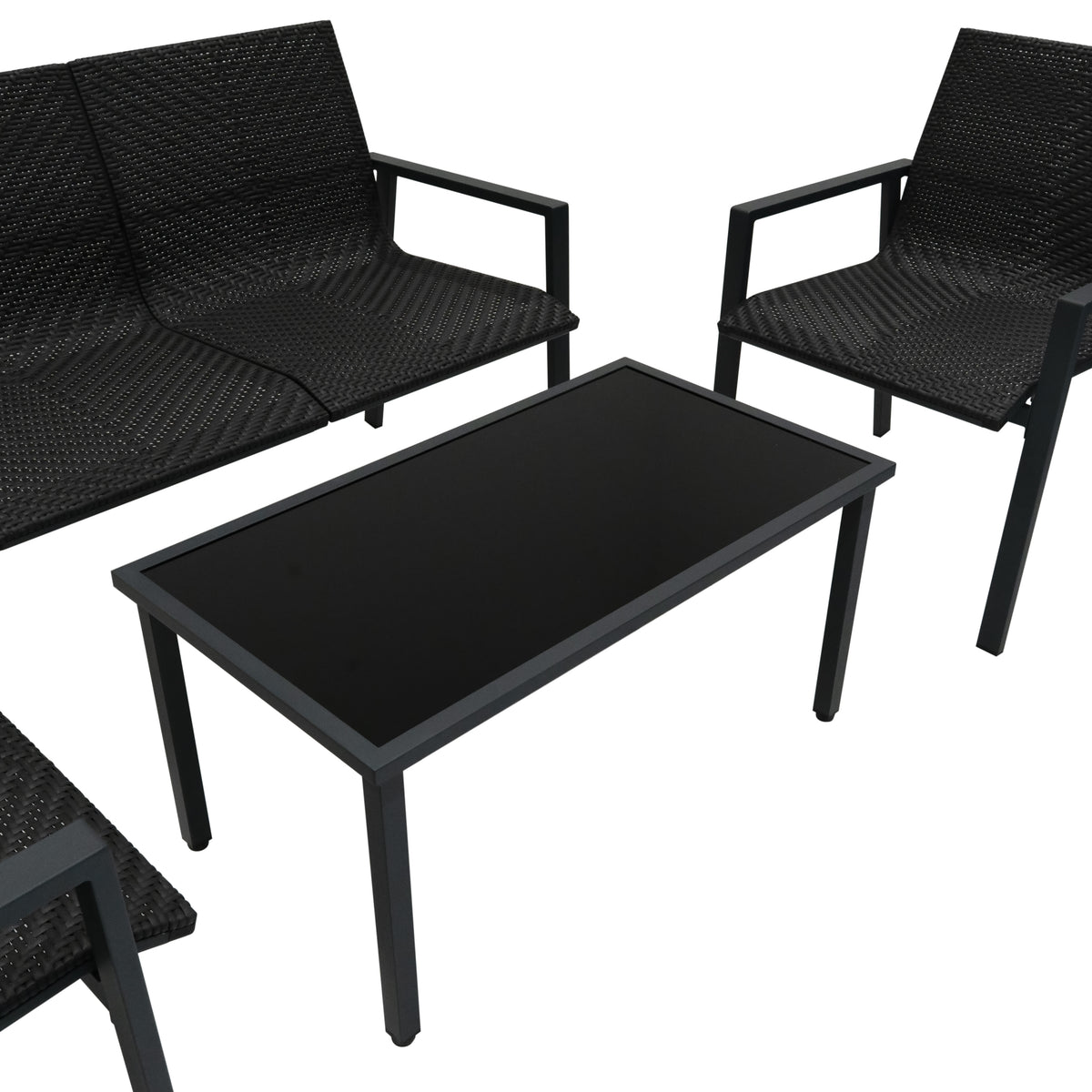 Schwarzes Rattan Terrassenmöbel Set mit zwei Stühlen und einem rechteckigen Tisch, alle mit robustem, wetterfestem Material und modernem Design