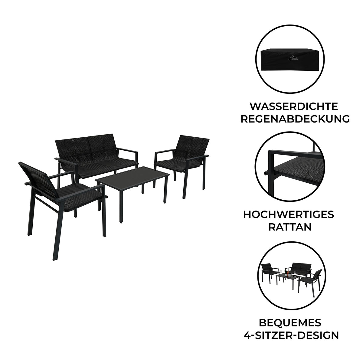 Schwarzes Rattan Terrassenmöbel Set mit zwei Sesseln, einer Bank und einem Tisch, ideal für den Außenbereich, wetterfest und stilvoll gestaltet