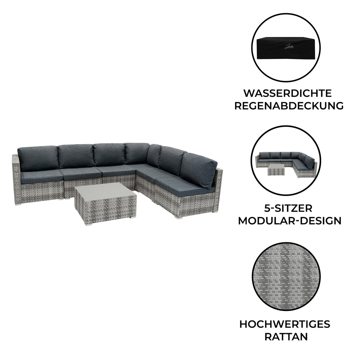 Modulares 7-teiliges Rattan-Möbelset in Grau mit wasserfester Abdeckung, inklusive bequemen Kissen und einem eleganten Couchtisch