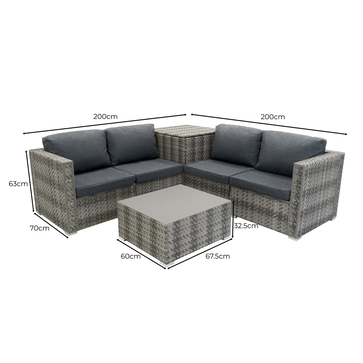Sechsteiliges Rattan-Möbelset in Grau mit bequemen, dunkelgrauen Kissen, quadratischem Tisch und modularer Anordnung für vielseitige Nutzung im Freien