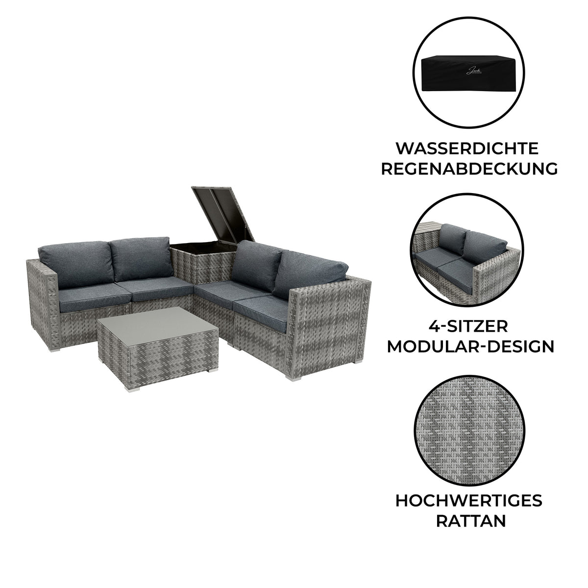 Sechsteiliges Rattan-Möbelset in Grau mit bequemen Kissen, modularer Anordnung und wetterfester Abdeckung, ideal für Terrassen und Gärten