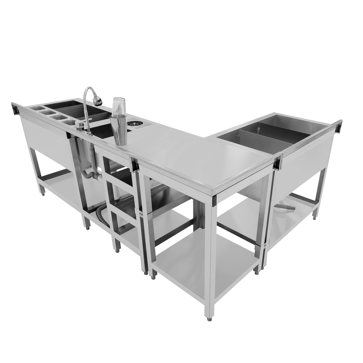 Modulare Deluxe-Cocktailbar-Station aus Edelstahl mit Eisbrunnen, mehreren Ablageflächen und einem integrierten Waschbecken für optimale Funktionalität