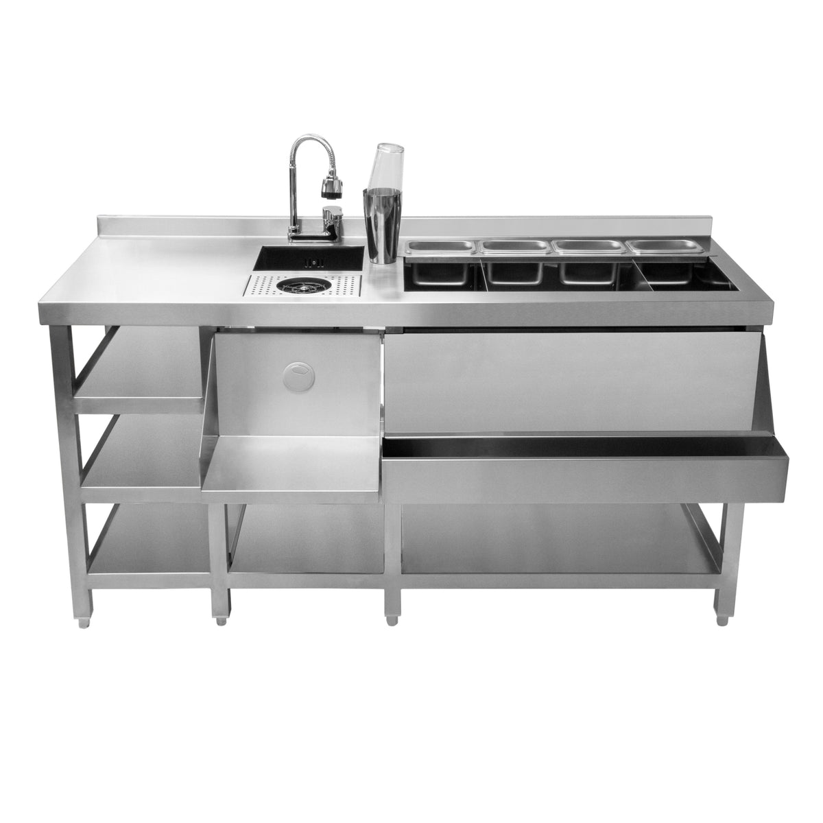 Modulare Deluxe-Cocktailbar-Station aus Edelstahl mit Eisbrunnen, mehreren Fächern, Spüle und glatter, glänzender Oberfläche für elegantes Design
