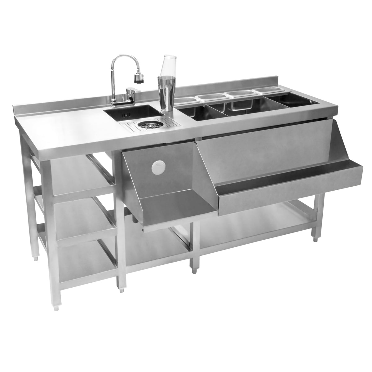 Modulare Deluxe-Cocktailbar-Station aus Edelstahl mit Eisbrunnen, Spüle, Ablageflächen und einem eleganten, modernen Design
