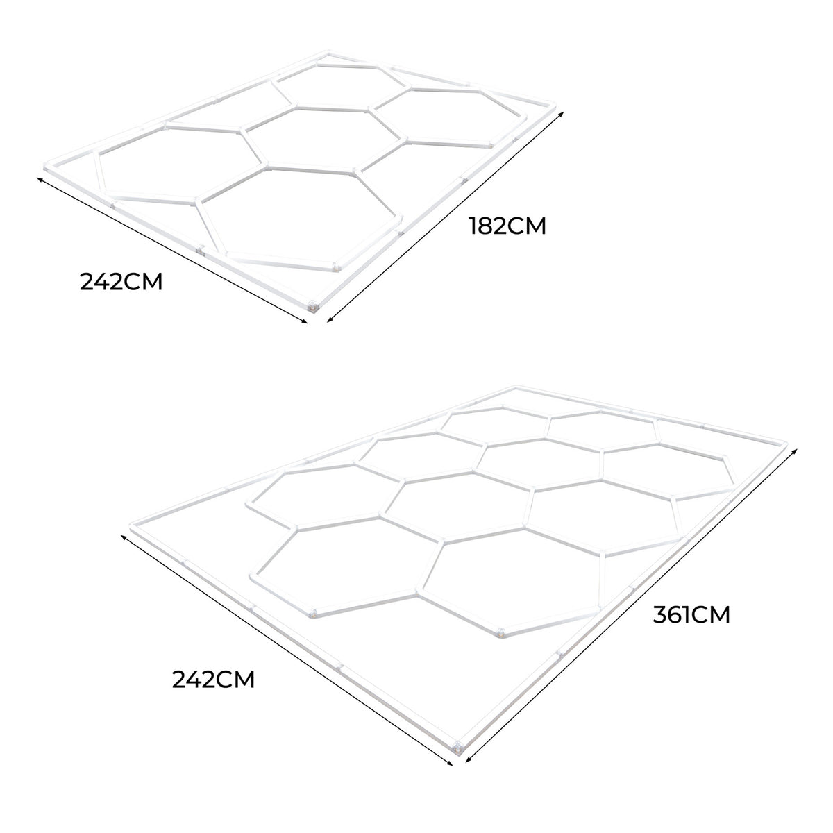 Zwei verschiedene Größen von hexagonalen LED-Leuchten in Weiß, ideal für moderne Innenräume, mit klaren Linien und elegantem Design