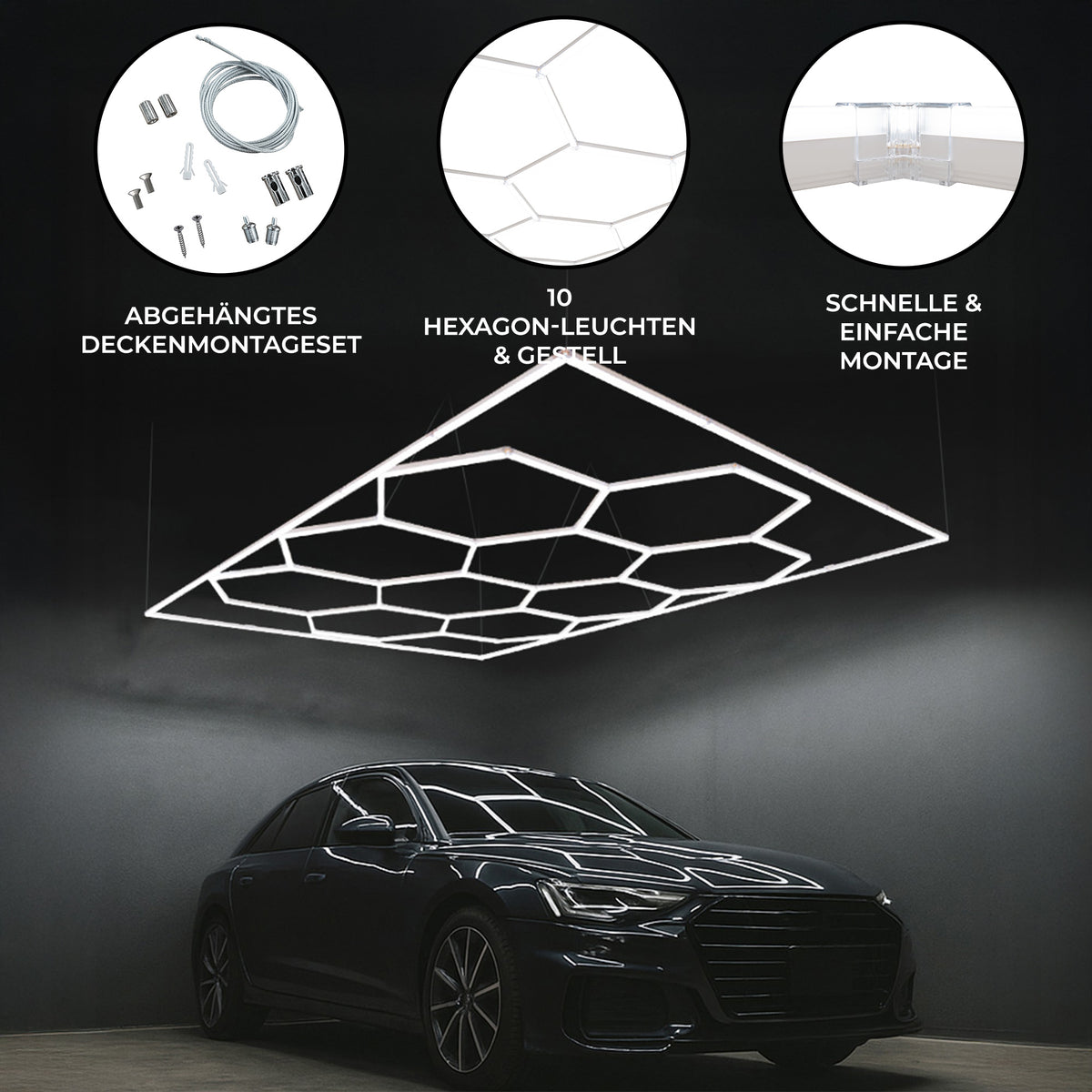 Zehn hexagonale LED-Leuchten in modernem Design, in schimmerndem Weiß, montiert in einem abgehängten Deckenmontageset über einem eleganten Auto