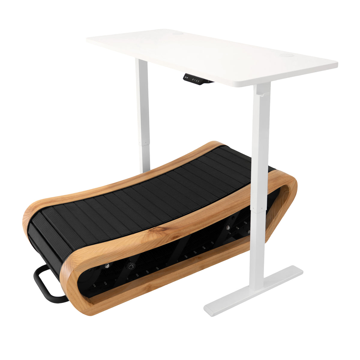 Elegantes, gebogenes Holzlaufband mit schwarzem Laufband und weißem Tisch, ideal für ein modernes Home-Office-Setup und ergonomisches Training