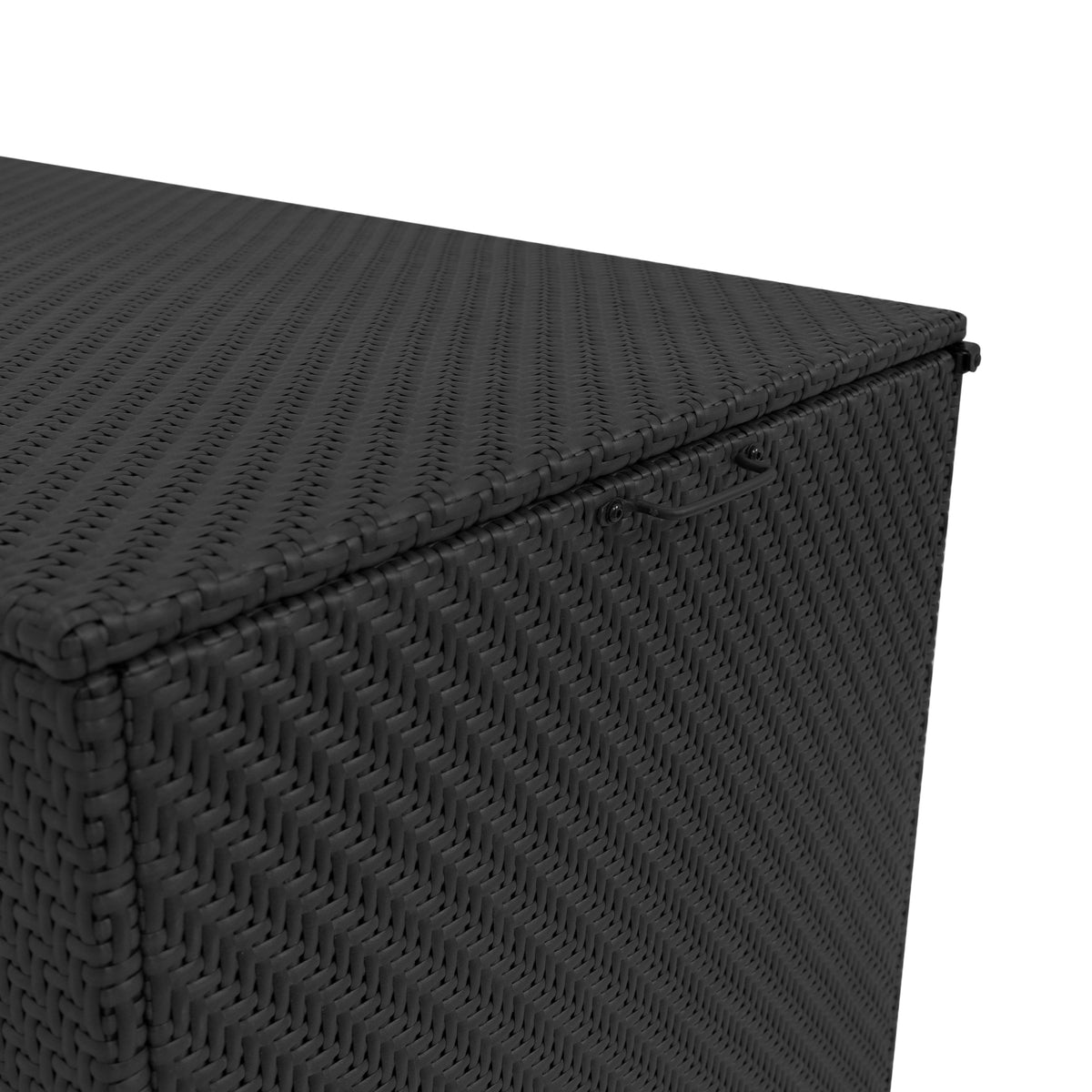 Schwarze Rattan Aufbewahrungsbox mit strukturiertem Gewebe, rechteckig, ideal für Gartenmöbel, robust und wetterbeständig