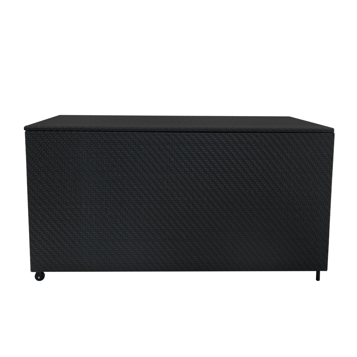 Schwarze Rattan-Aufbewahrungsbox mit 700L Volumen, rechteckig, geflochtene Textur, ideal für Gartenmöbel und Außenbereich