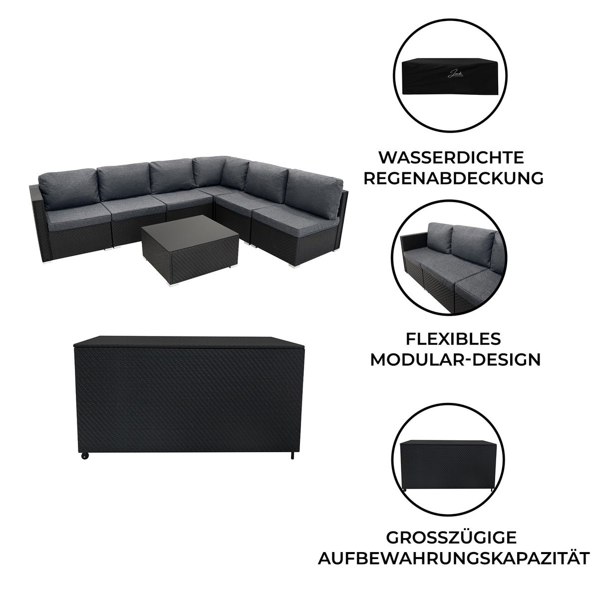 Modulares 7-teiliges Rattan-Möbelset in Schwarz mit grauen Kissen, wetterfester Abdeckung und großzügiger 700L Aufbewahrungsbox