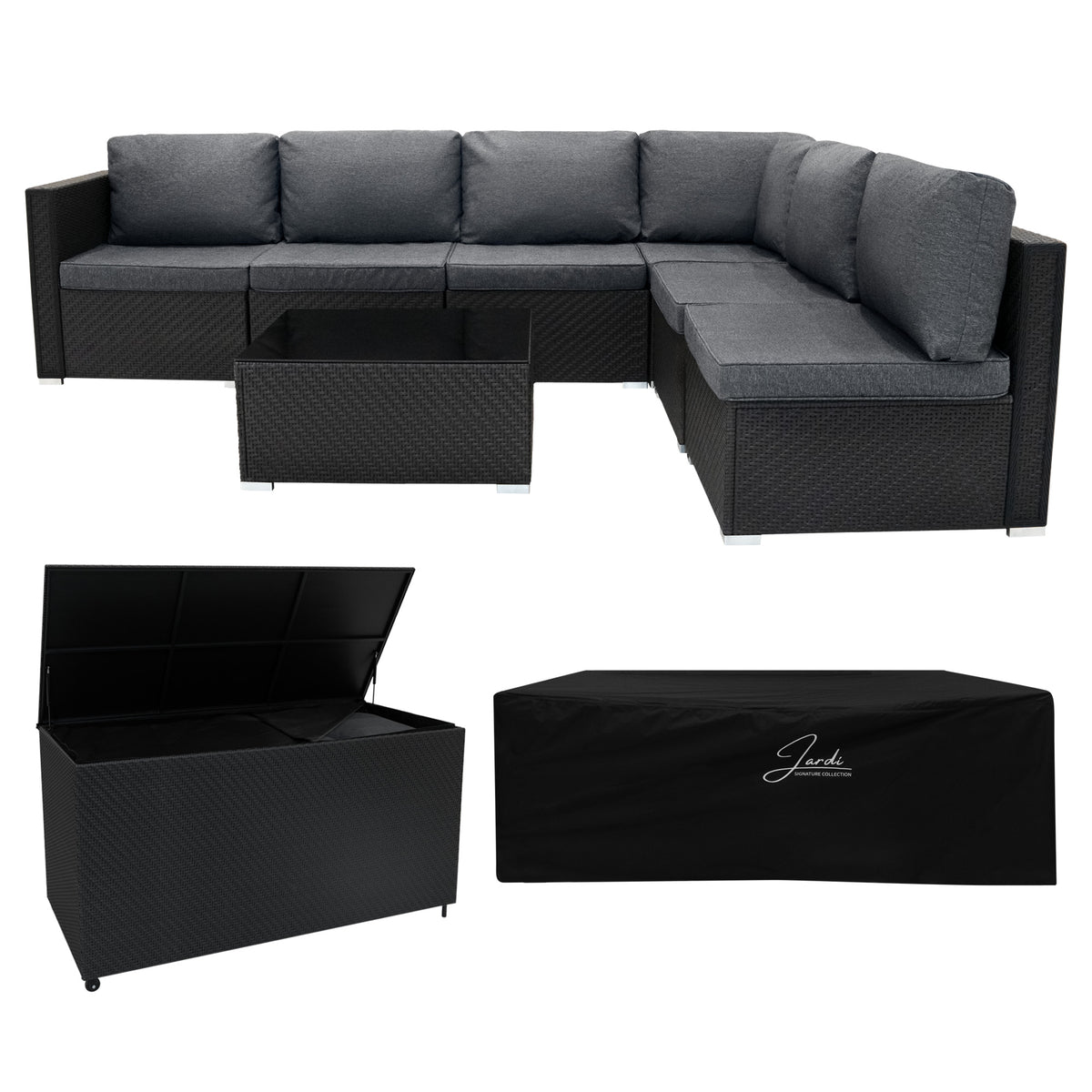 Modulares 7-teiliges Rattan-Möbelset in Schwarz mit grauen Kissen, inklusive Aufbewahrungsbox und Glas-Tisch, ideal für Garten oder Terrasse