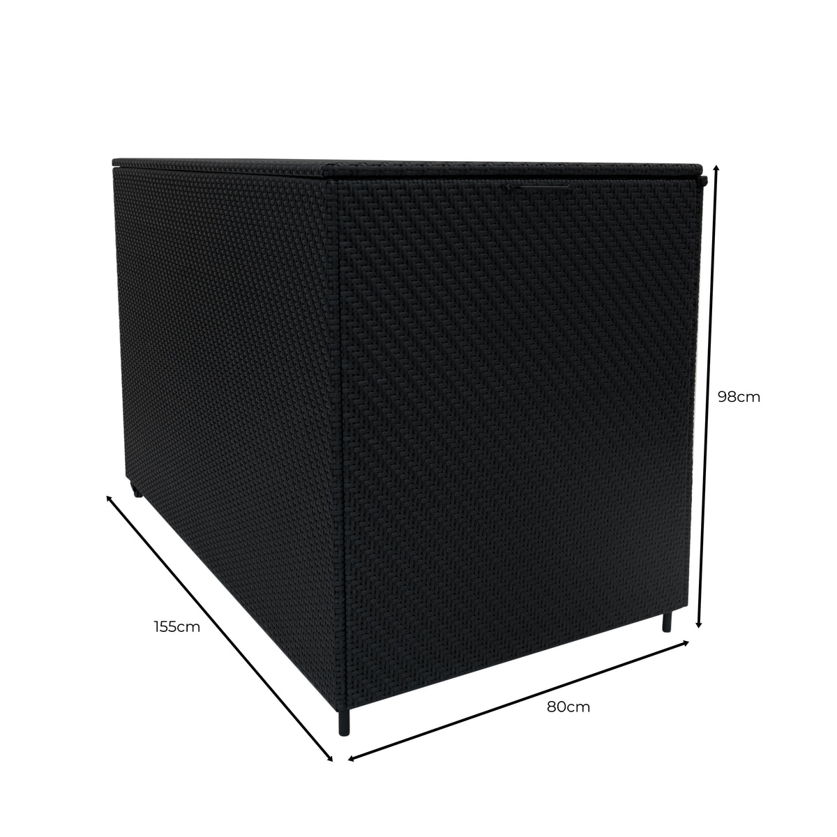 Schwarze Rattan-Aufbewahrungsbox, 155 cm lang, 80 cm breit und 98 cm hoch, mit strukturiertem Gewebe und stabilen Füßen für Gartenmöbel
