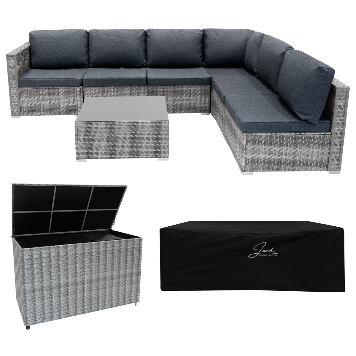 Modulares 7-teiliges Rattan-Möbelset in Grau mit bequemen dunkelblauen Kissen, inklusive Aufbewahrungsbox und Tisch, ideal für den Außenbereich
