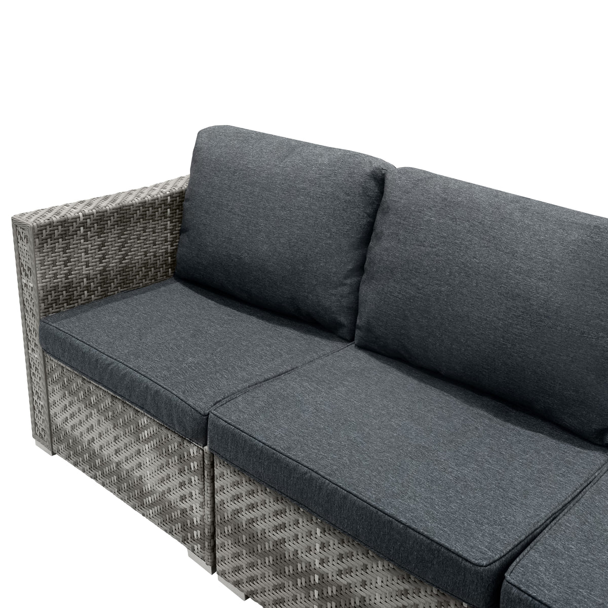 Modulares 7-teiliges Rattan-Möbelset in Grau mit bequemen, dicken Polstern und einer praktischen Aufbewahrungsbox für stilvolle Außenbereiche