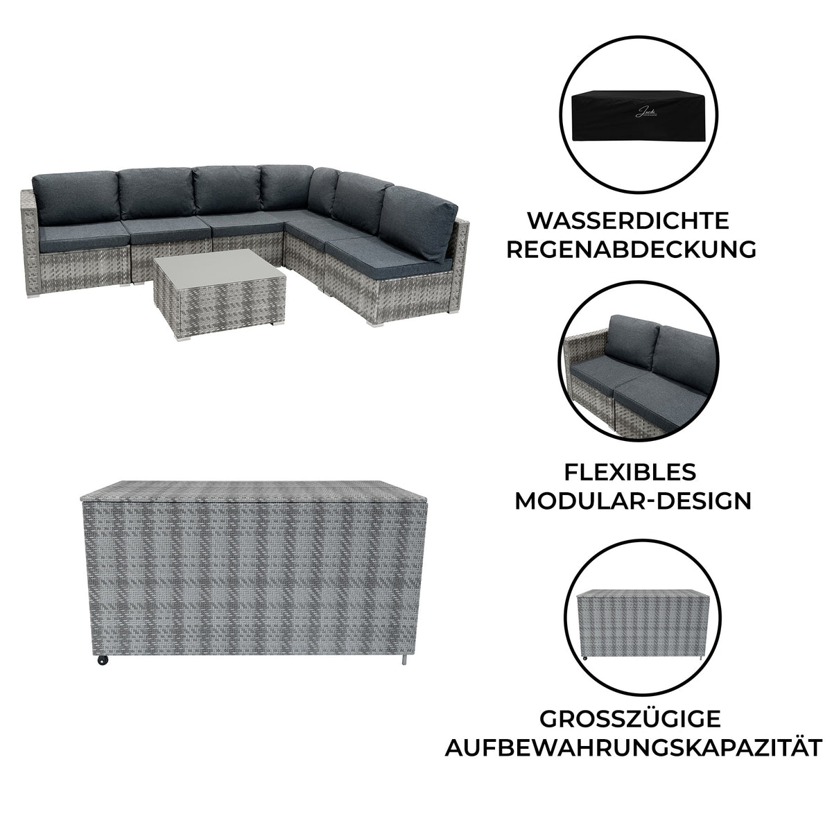 Modulares 7-teiliges Rattan-Möbelset in Grau mit wasserfester Abdeckung, flexibler Anordnung und großzügiger Aufbewahrungsbox für den Außenbereich
