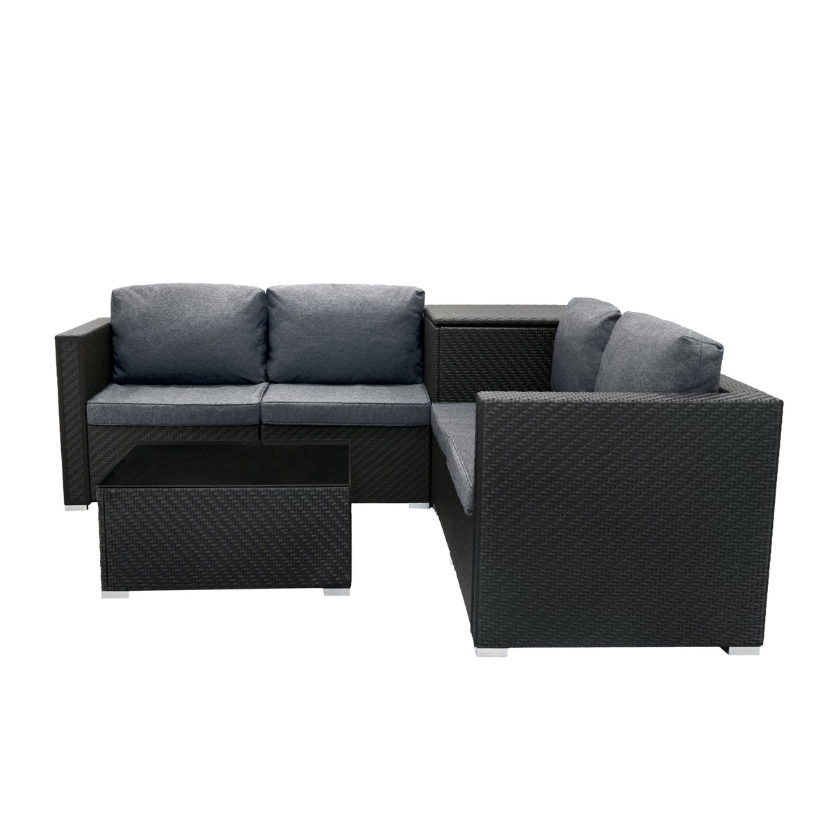 Modulares 6-teiliges Rattan-Möbelset in Schwarz mit grauen Kissen, bestehend aus einer L-förmigen Couch und einem Tisch, ideal für den Außenbereich