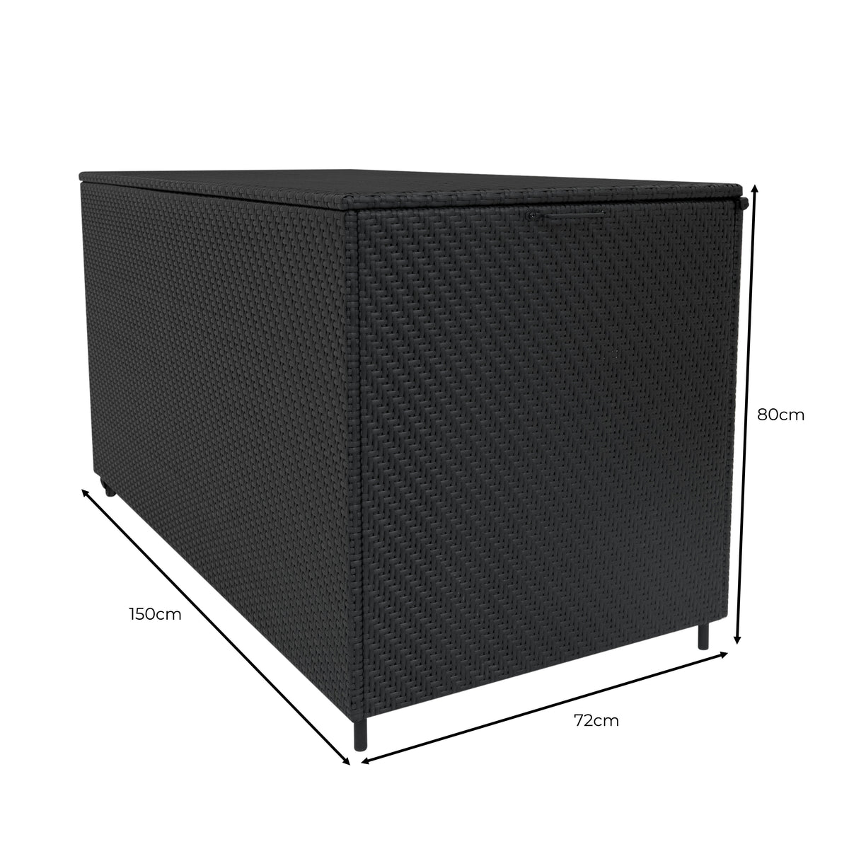 Schwarze Rattan Aufbewahrungsbox mit 700L Volumen, rechteckig, 150 cm lang, 80 cm hoch und 72 cm breit, ideal für Gartenmöbel und Zubehör