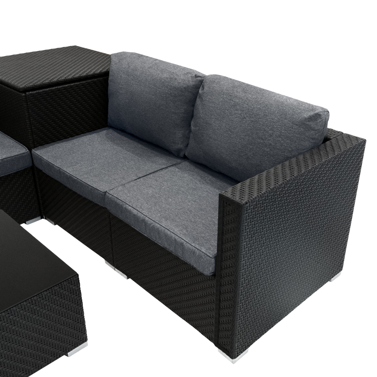 Modulares 6-teiliges Rattan-Möbelset in Schwarz mit grauen Kissen, elegantes Design, robuste Textur und praktische Aufbewahrungsbox für Garten oder Terrasse
