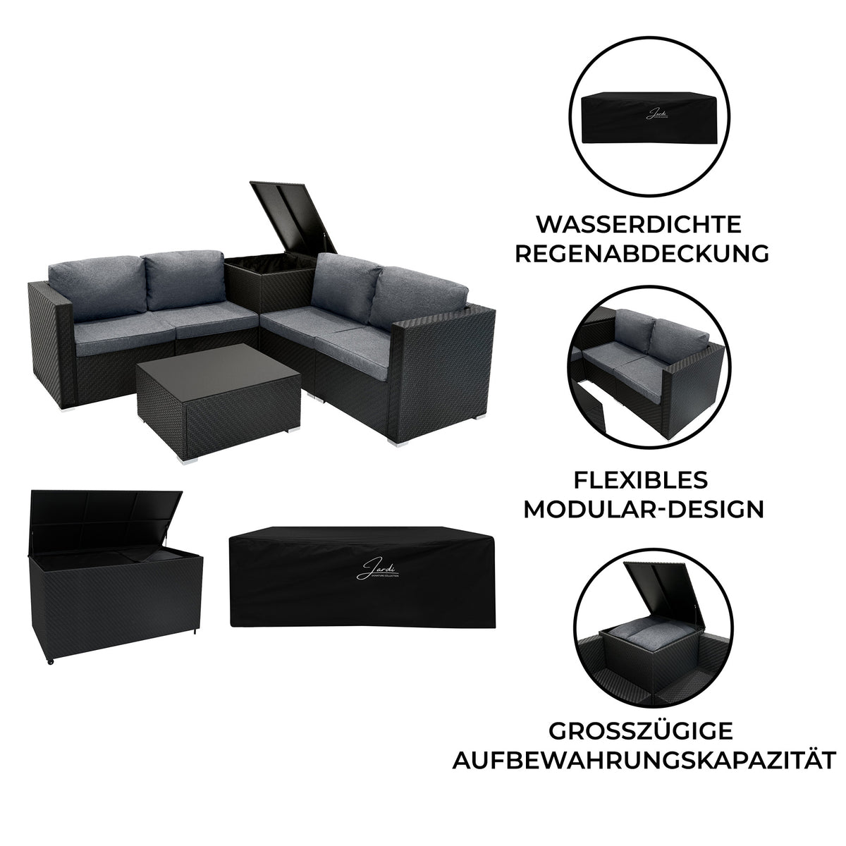Modulares 6-teiliges Rattan-Möbelset in Schwarz mit grauen Kissen, inklusive einer großen, wasserdichten Aufbewahrungsbox für 700L