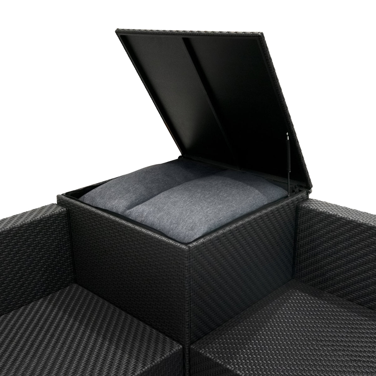 Schwarzes Rattan-Möbelset mit sechs Teilen, inklusive einer praktischen Aufbewahrungsbox, die einen gepolsterten Sitz bietet und stilvoll aussieht