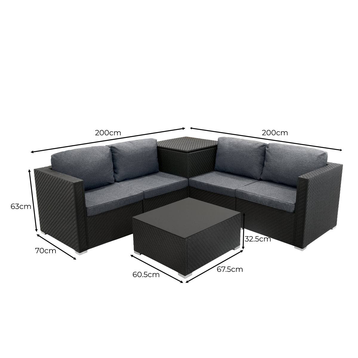 Modulares 6-teiliges Rattan-Möbelset in Schwarz mit blauen Kissen, bestehend aus einer L-förmigen Couch und einem quadratischen Tisch, ideal für den Außenbereich