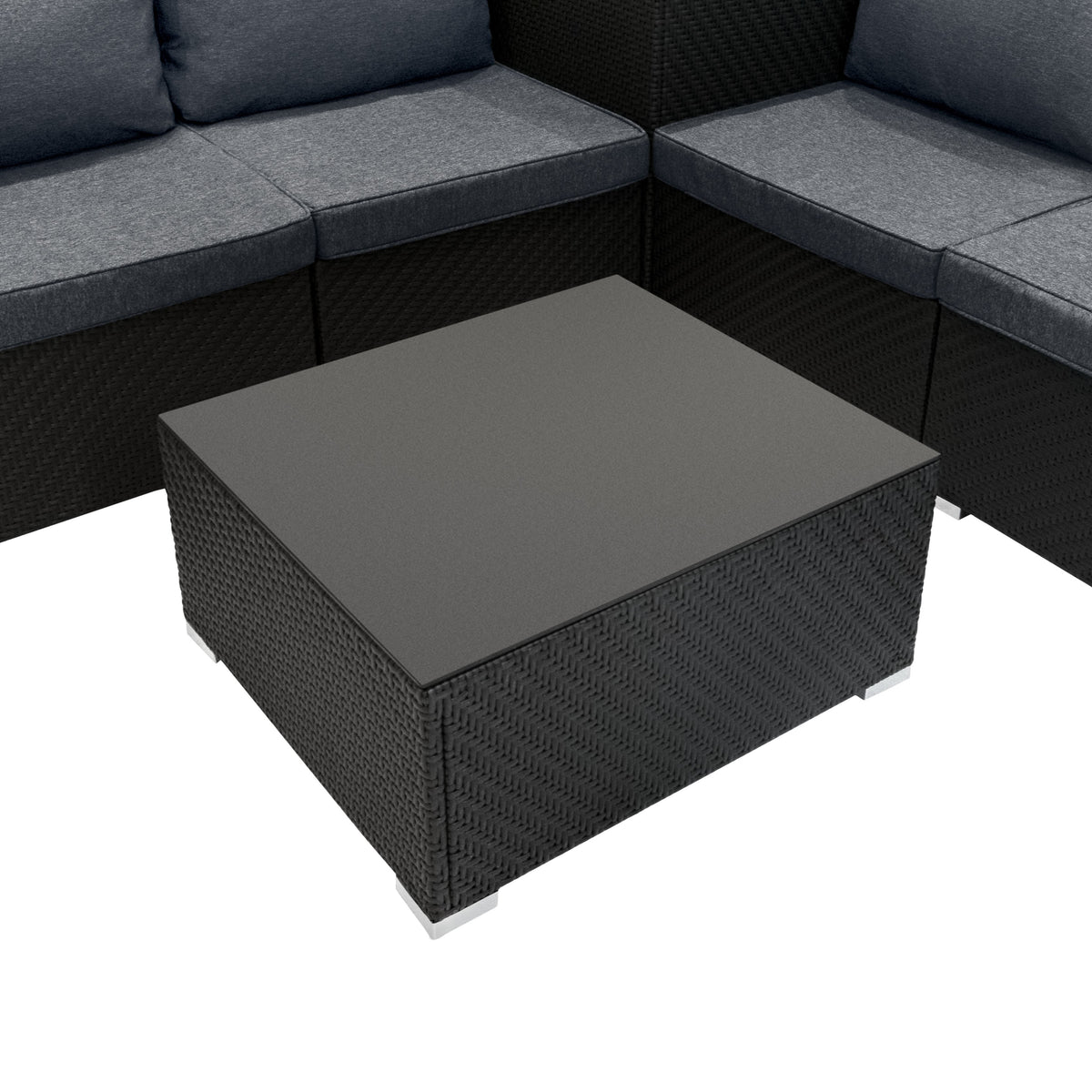 Modulares 6-teiliges Rattan-Möbelset in Schwarz mit grauen Kissen und quadratischem Tisch, ideal für Garten oder Terrasse, pflegeleicht und stilvoll