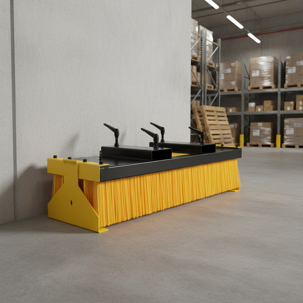 Blockbesen für Gabelstapler mit gelben Borsten und stabilem schwarzen Ständer, ideal für die Reinigung in Lagerhäusern und Werkstätten