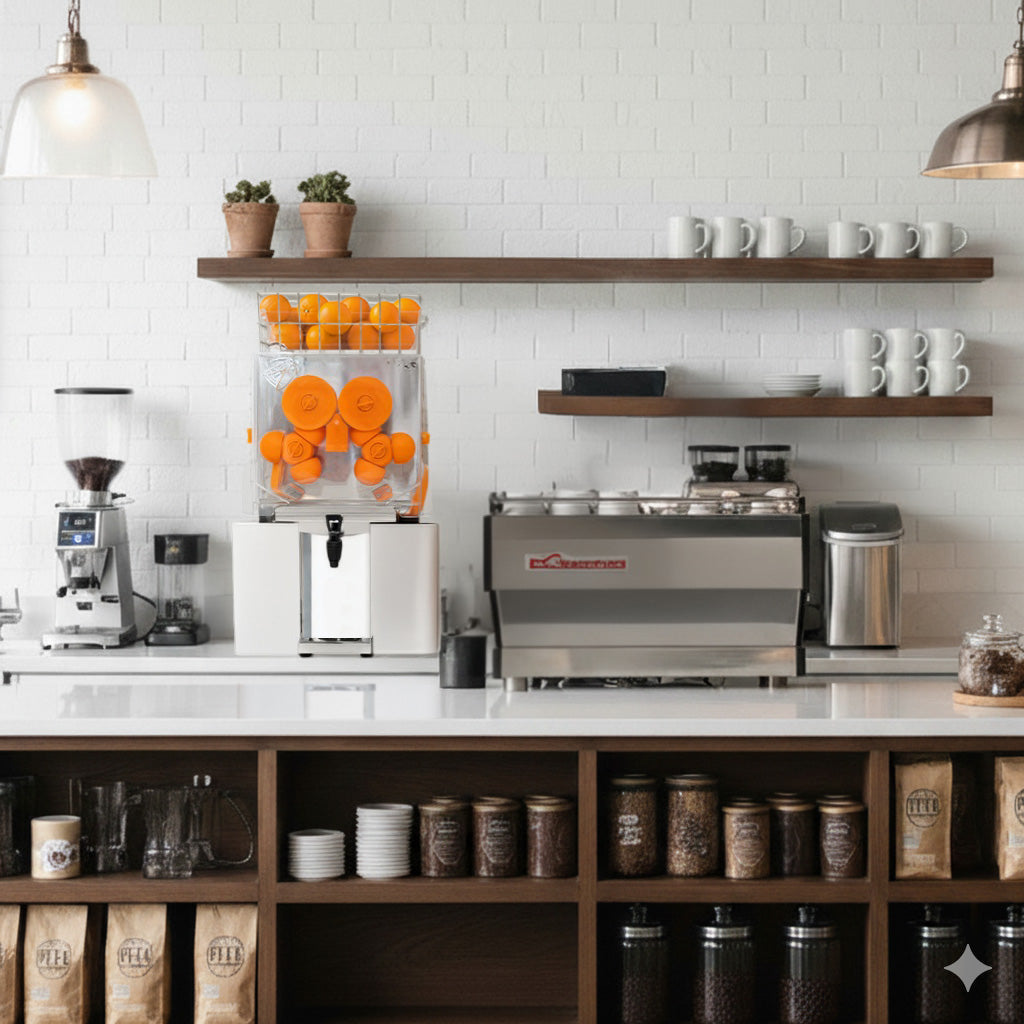 Kommerzielle Orangensaftpresse aus Edelstahl mit orangefarbenen Saftbehältern, platziert auf einer modernen, hellen Theke mit Kaffeegeräten und Regalen