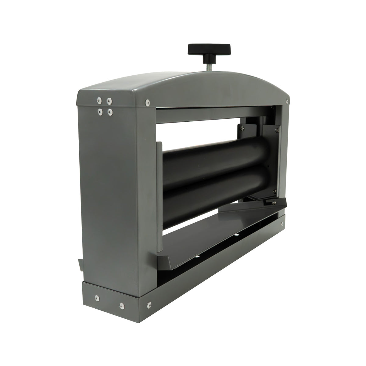 Manueller Handwringer aus robustem Metall, mit grauem Gehäuse und schwarzen Walzen, ideal zum effizienten Auswringen von Textilien
