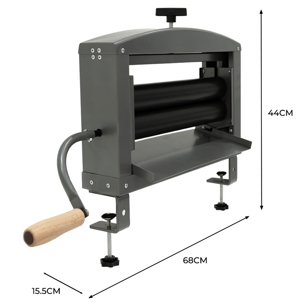 Manueller Handwringer in Grau mit Holzgriff, stabiler Metallrahmen, zwei große Walzen, ideal zum Auswringen von Textilien, Maße: 68 cm x 44 cm x 15,5 cm