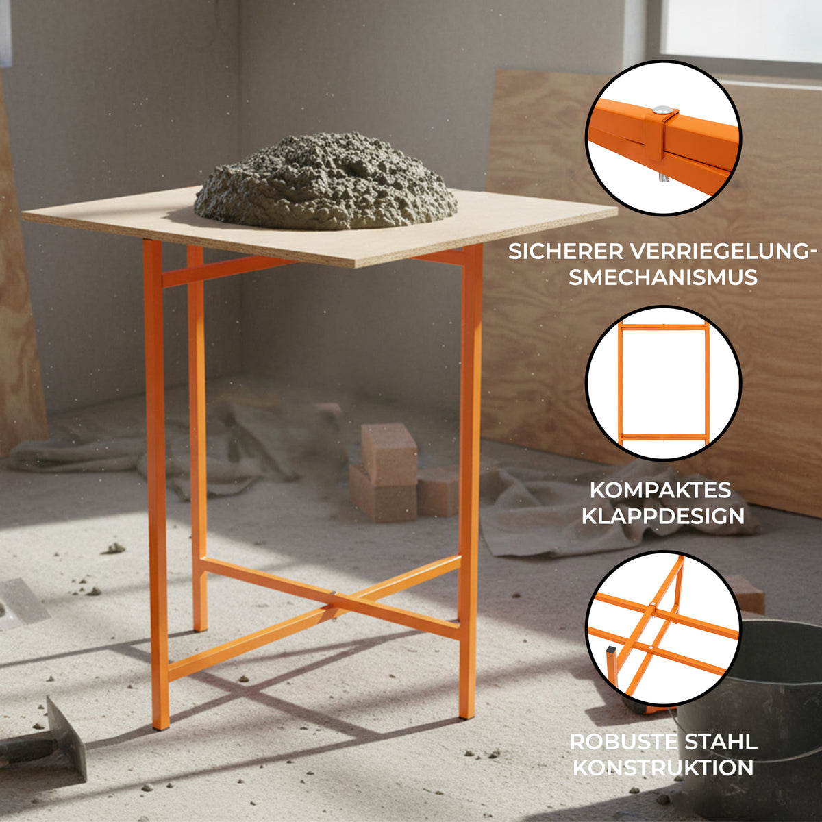 Mörtelbrettständer in leuchtendem Orange, 750mm hoch, mit stabiler Stahlkonstruktion und klappbarem Design, ideal für Baustellen und Renovierungen