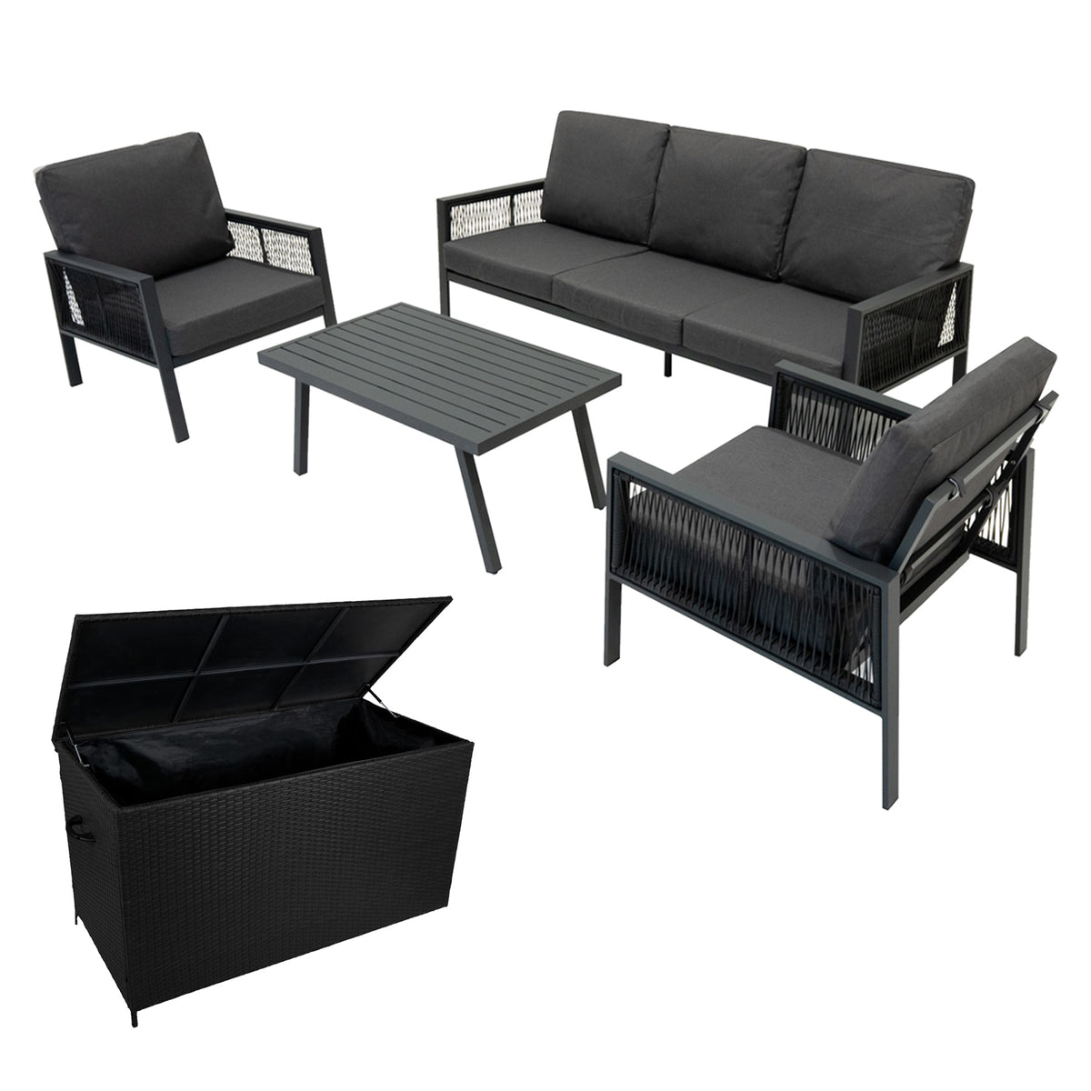 4-teilige Aluminium-Sofagarnitur in Anthrazitgrau mit bequemen Kissen, inklusive schwarzer Rattan-Aufbewahrungsbox und modernem Tisch