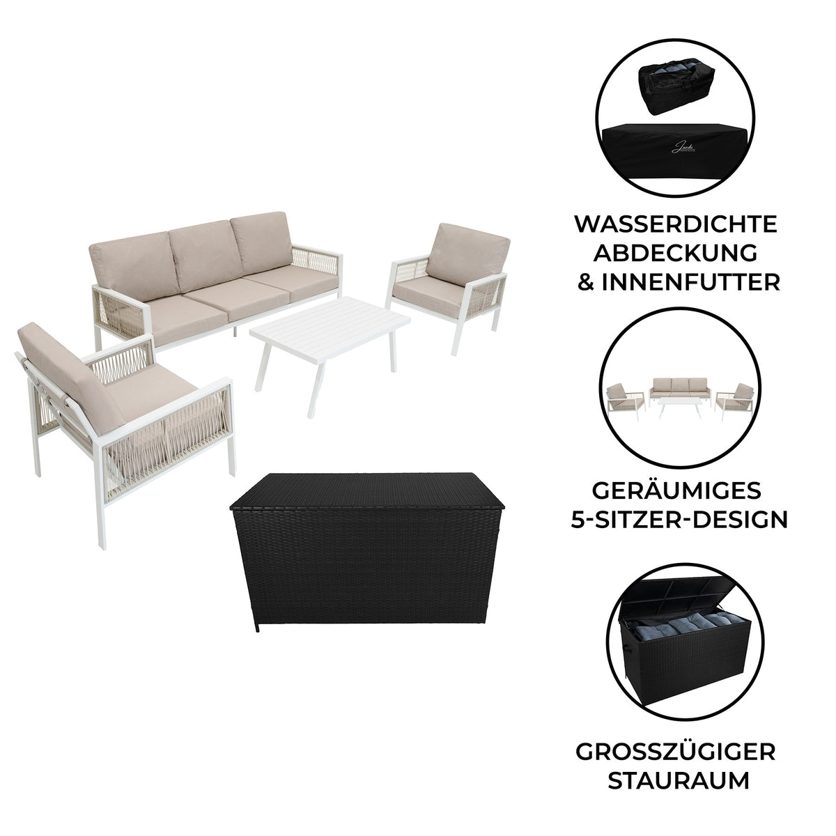 Elegante 4-teilige Aluminium-Sofagarnitur in Weiß mit beigen Kissen, inklusive schwarzer Rattan-Aufbewahrungsbox für zusätzlichen Stauraum