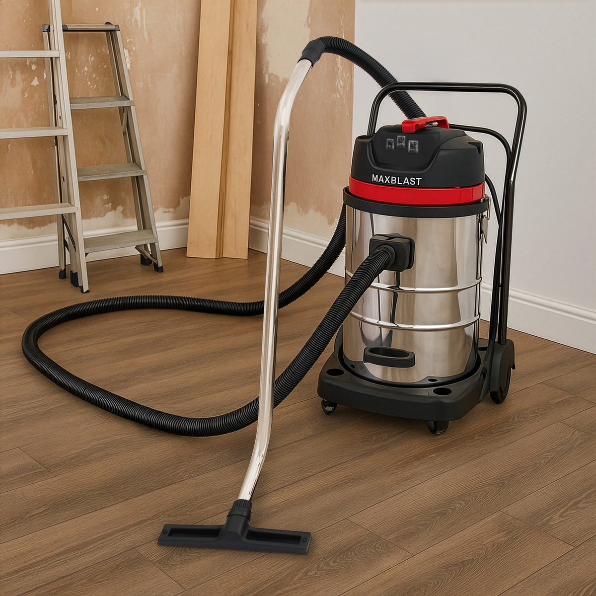 80L Nass- & Trocken Industriestaubsauger mit glänzendem Edelstahlbehälter, schwarzem Schlauch und rotem Deckel, ideal für Bau- und Reinigungsarbeiten