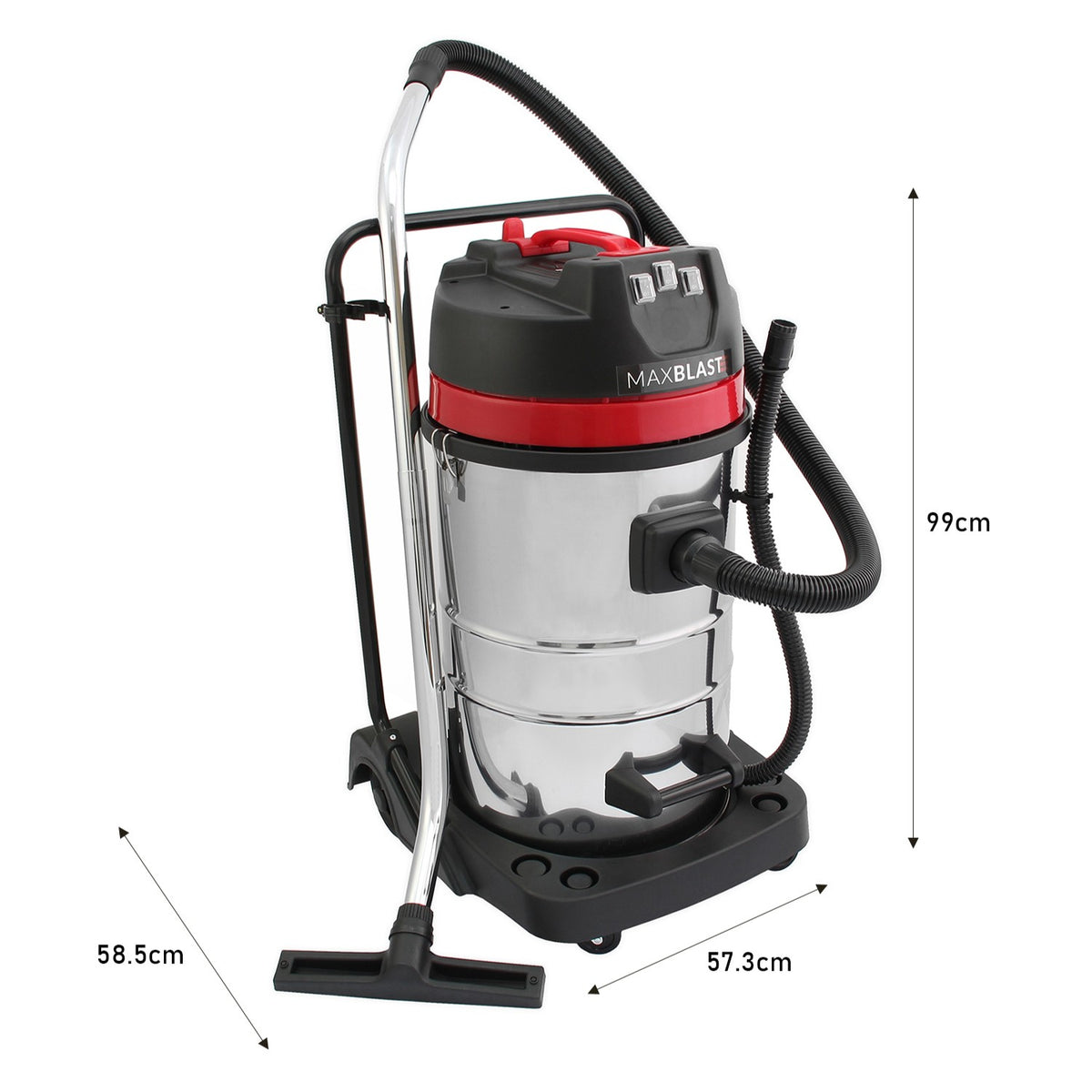 Robuster 80L Nass- und Trocken-Industriestaubsauger in glänzendem Edelstahl mit rotem Deckel, 5m Schlauch und stabiler Basis, ideal für professionelle Anwendungen