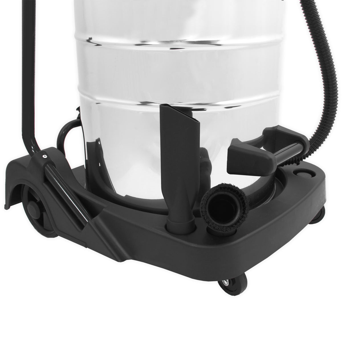 Robuster 80L Nass- & Trocken-Industriestaubsauger mit glänzendem Metallbehälter, schwarzem Kunststoffsockel und flexiblem 5m Schlauch für vielseitige Anwendungen