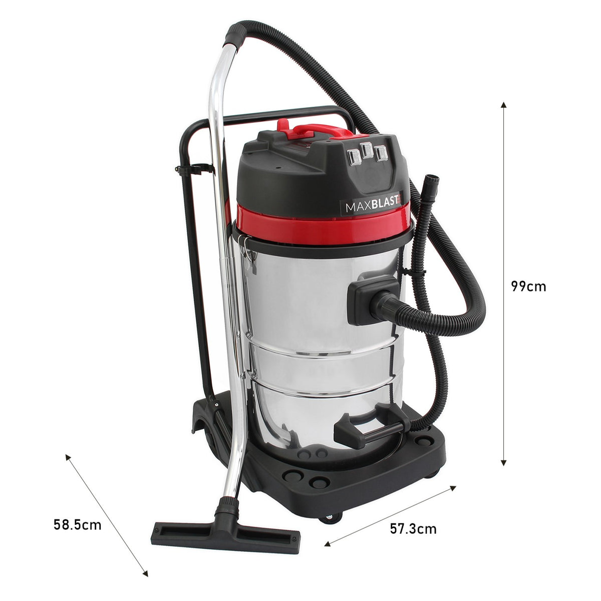 80L Nass- & Trocken Industriestaubsauger in glänzendem Edelstahl mit rotem Deckel, 5m Schlauch und stabilen Dachrinnenstangen, ideal für Bau- und Reinigungsarbeiten