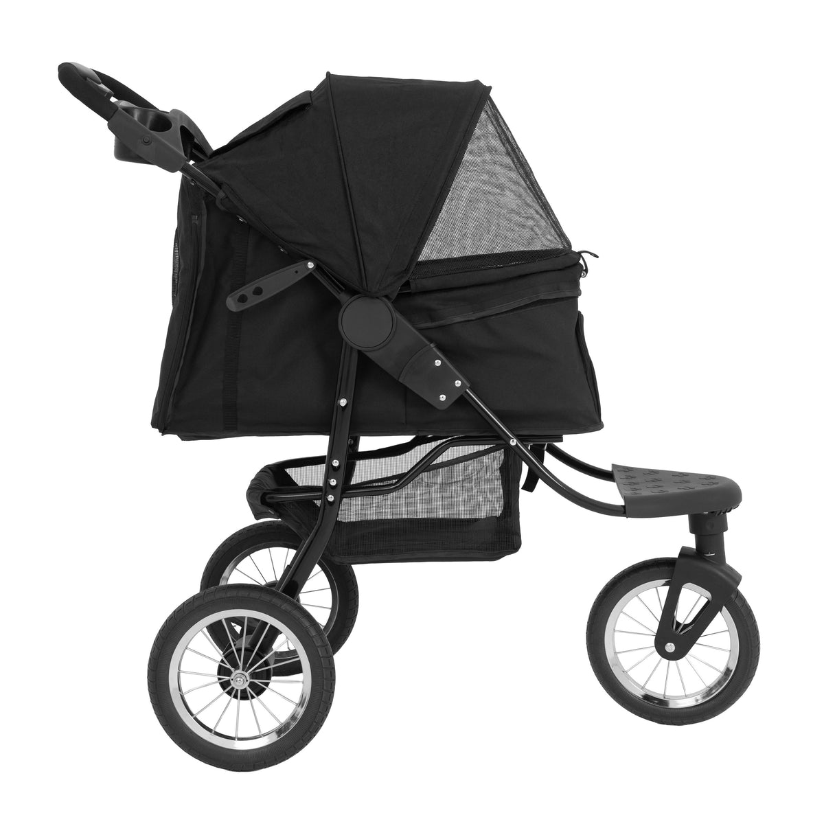 Haustier Buggy in Schwarz mit einem stabilen Gestell, großen Rädern und einem atmungsaktiven Netz, ideal für Spaziergänge mit Haustieren