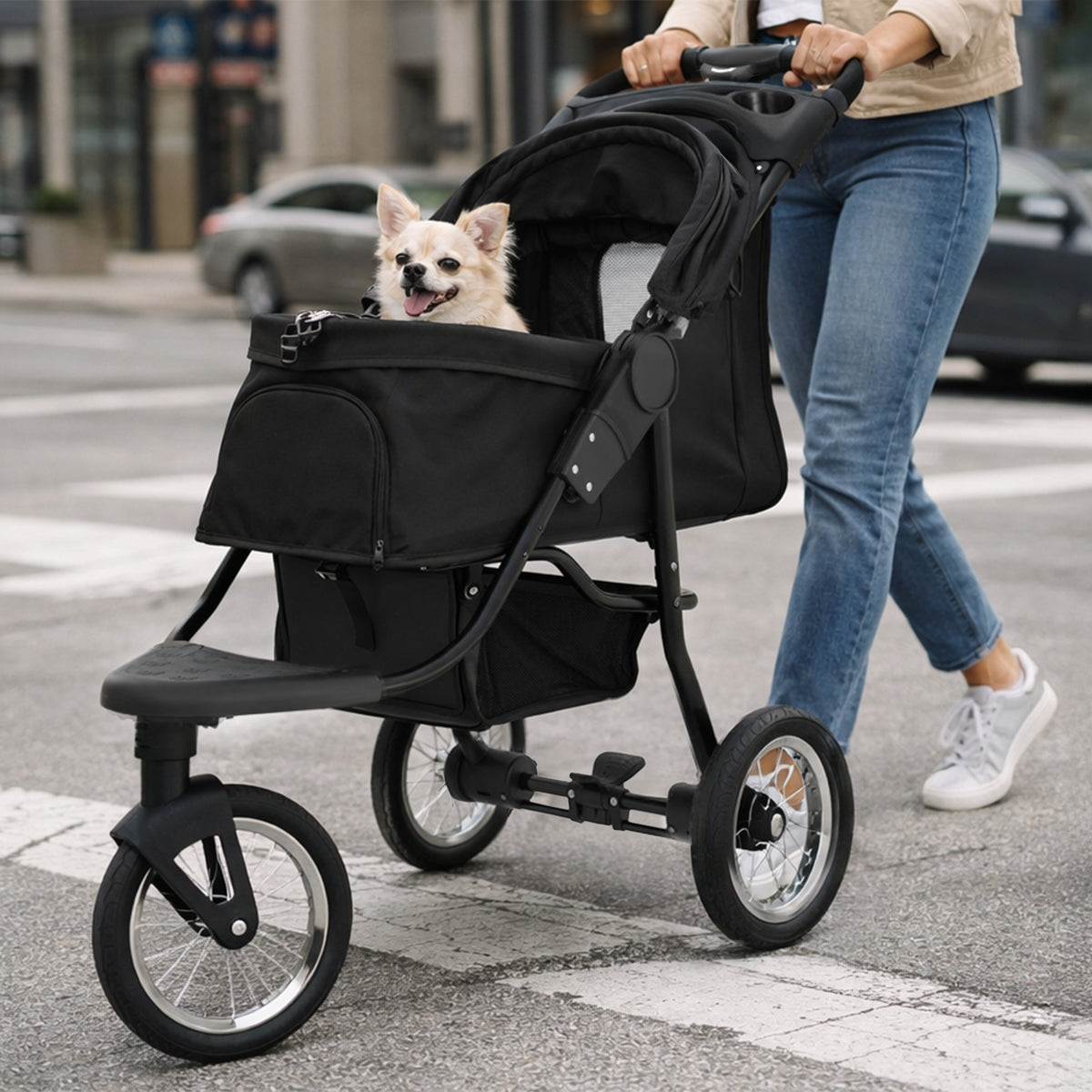 Schwarzer Haustier-Buggy mit großen Rädern, geräumigem Korb und einem glücklichen Hund, der bequem darin sitzt, während er spazieren fährt