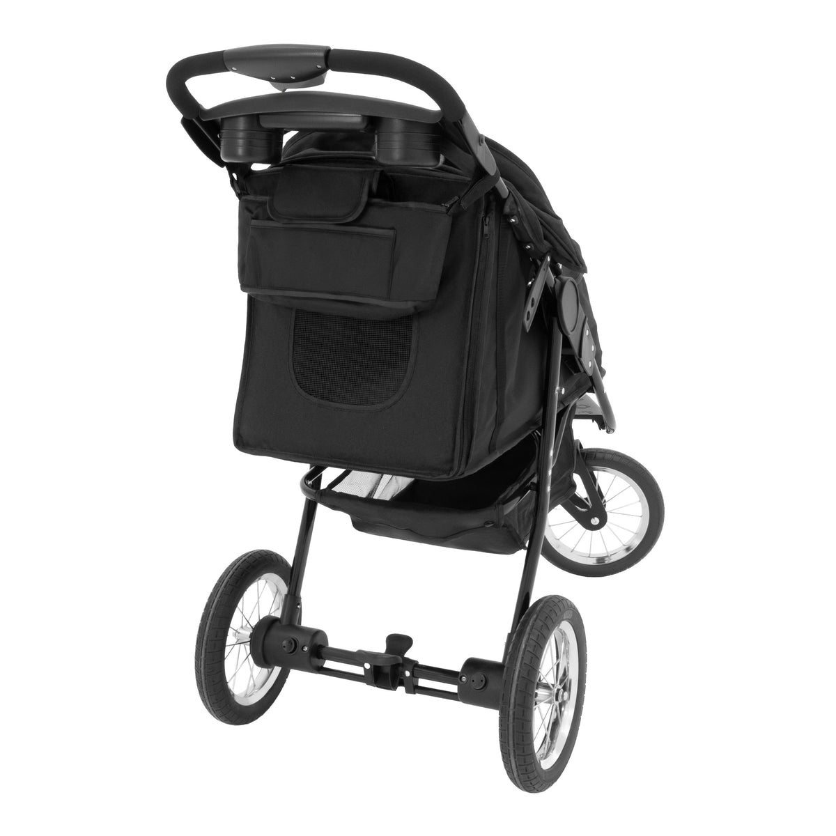 Schwarzer Haustier Buggy mit robustem Gestell, großen Rädern und geräumigem Korb für Haustiere, ideal für Spaziergänge und Ausflüge