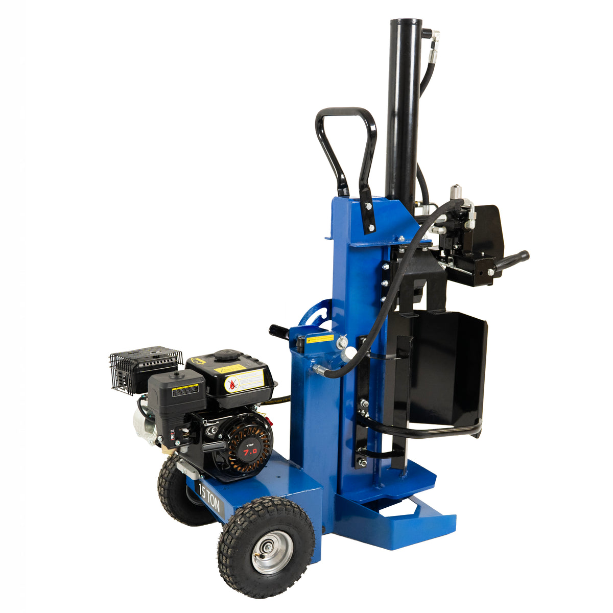 Kompakter 15T Holzspalter in Blau mit robustem Motor, großen Rädern und einem stabilen, vertikalen Spaltmechanismus für effizientes Holzspalten