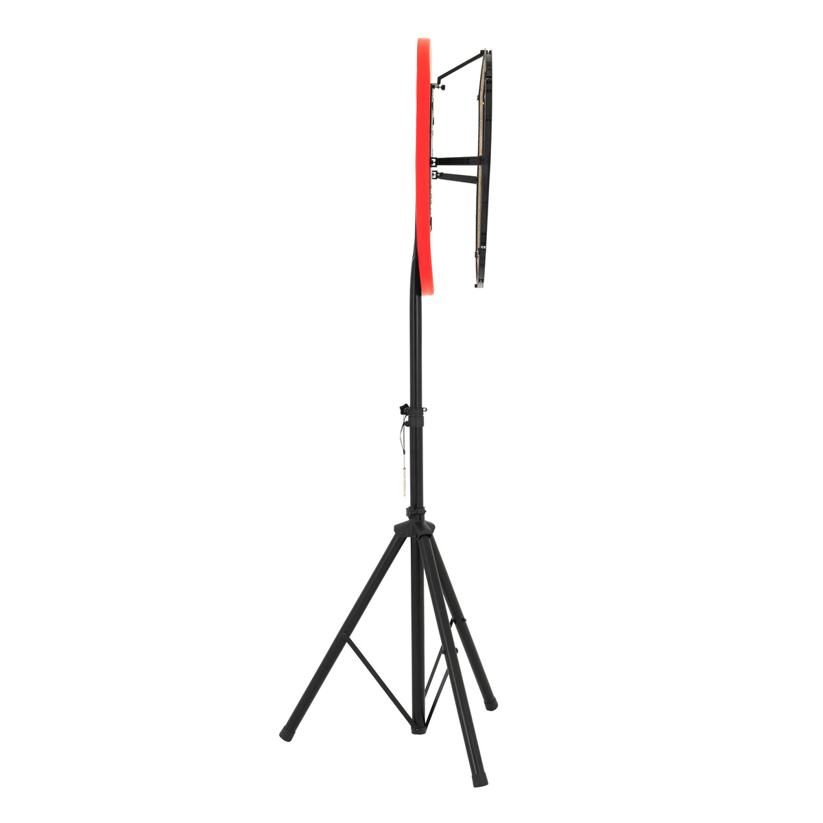 Schwarzes, dreibeiniges Stativ mit einem leuchtend roten Ringlicht, das ein Dartboard beleuchtet, ideal für präzises Spielen und Training