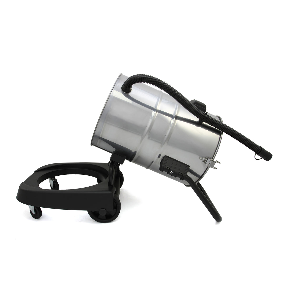 Silberner 50-l-Nass- und Trockensauger mit schwarzem Gestell, schwenkbarem Schlauch und robusten Rollen für einfache Mobilität und Nutzung