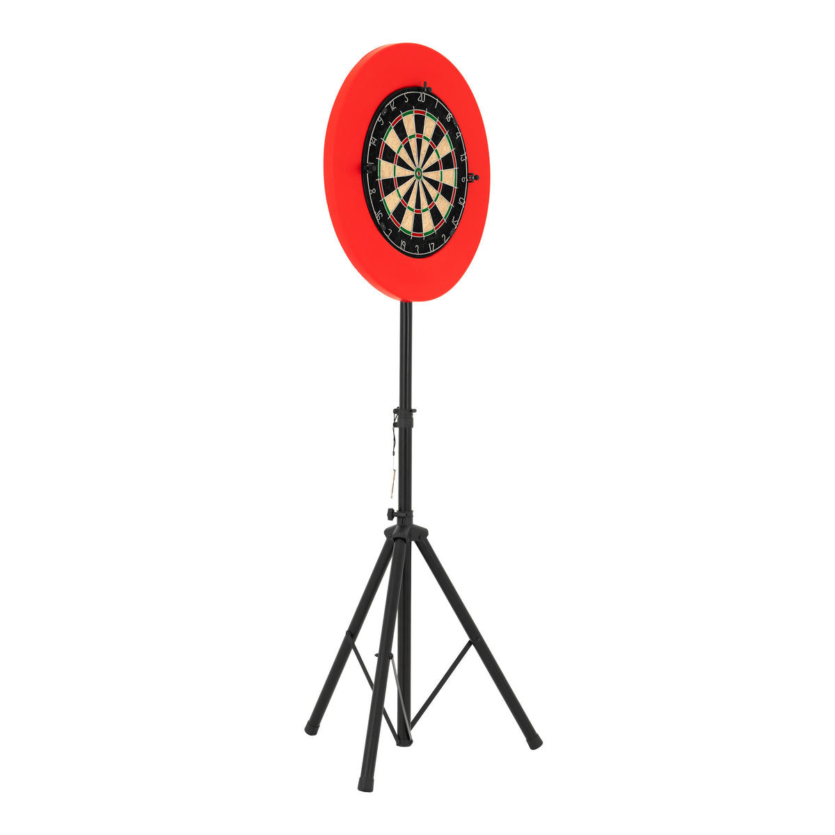 Dartboard-Set mit rot umrandeter Zielscheibe, montiert auf einem stabilen schwarzen Stativ, ideal für Spiele und Freizeitaktivitäten