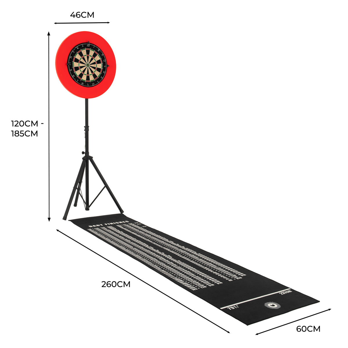 Dartboard-Set mit rotem Zielkreis, höhenverstellbarem Ständer und schwarzem Teppich mit Spielanleitung, ideal für präzises Dartspielen