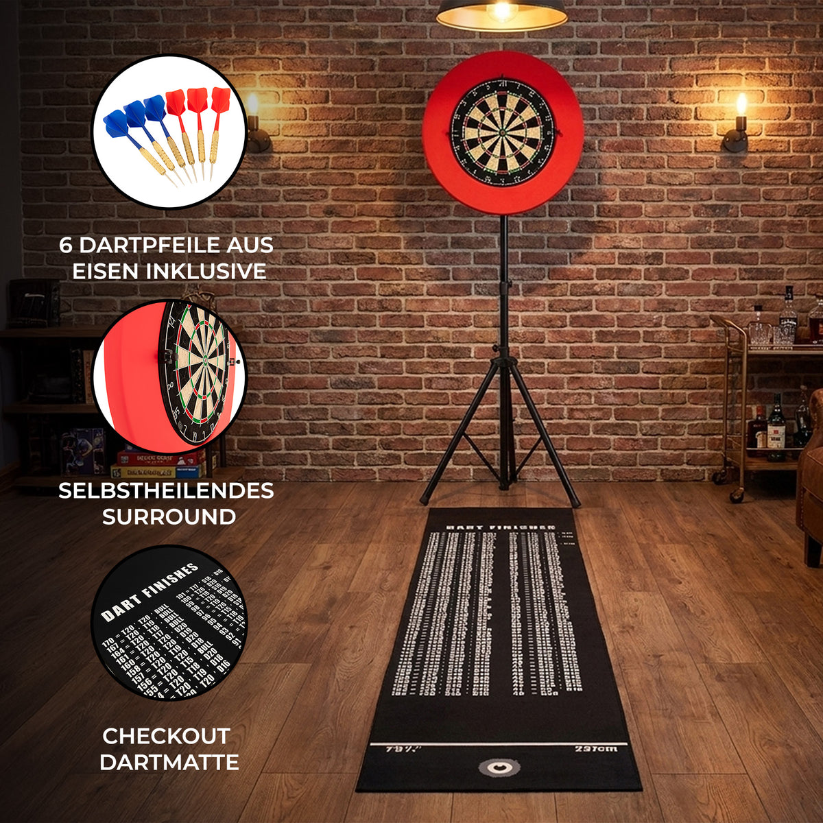 Dartboard Set mit rotem Ziel, 6 Eisen-Dartpfeilen, selbstheilendem Surround und schwarzer Dartmatte mit Zahlen auf Holzfußboden