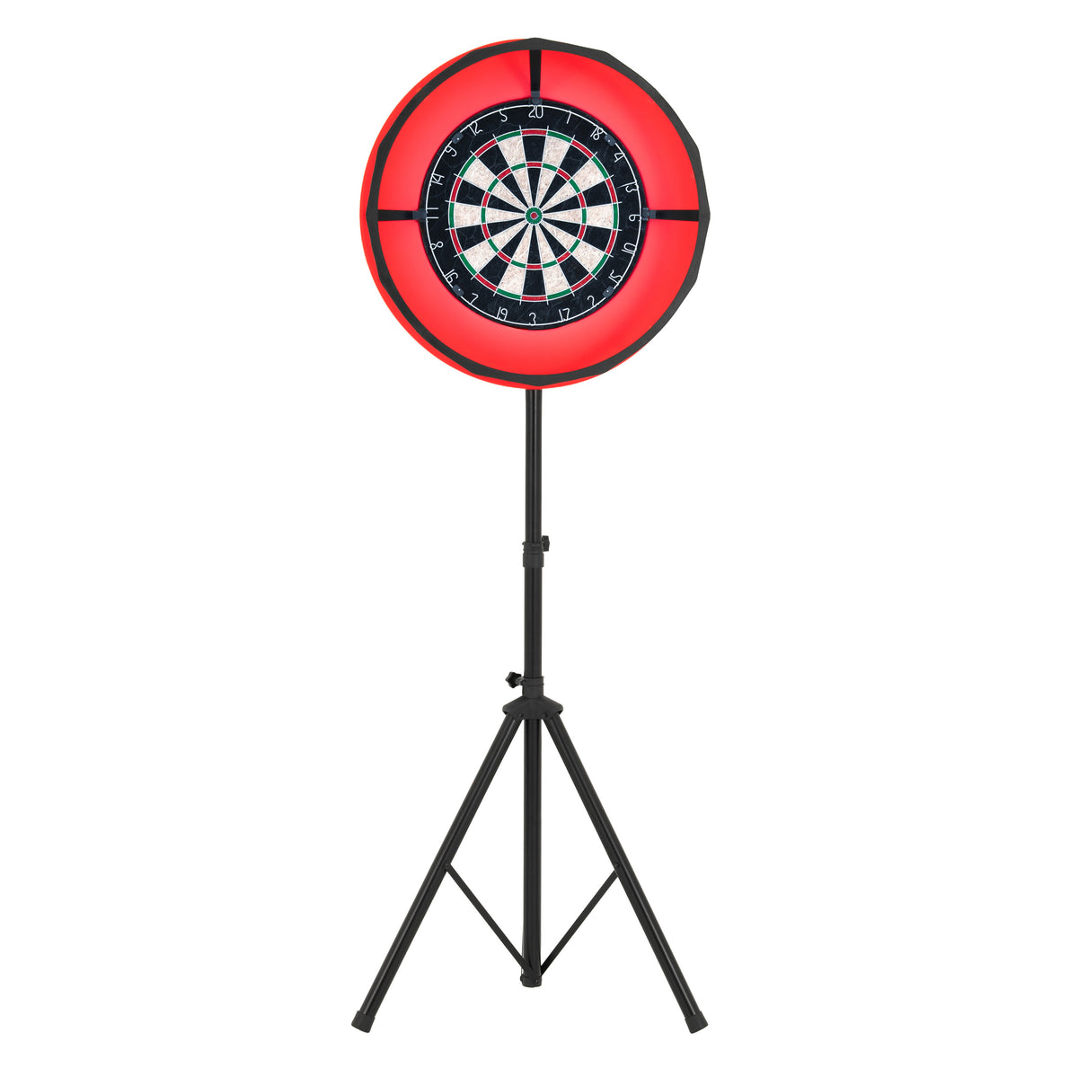 Dartboard mit LED-Ringlicht in leuchtendem Rot, montiert auf einem stabilen schwarzen Stativ, ideal für nächtliches Spielen und Turniere